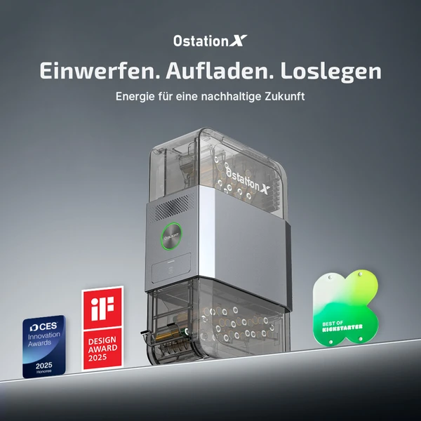 Olight Ostation X AAA Batterie-Management-System in Transparent/Silber, mit AAA-Slots und Design-Auszeichnungen für nachhaltige Energie.